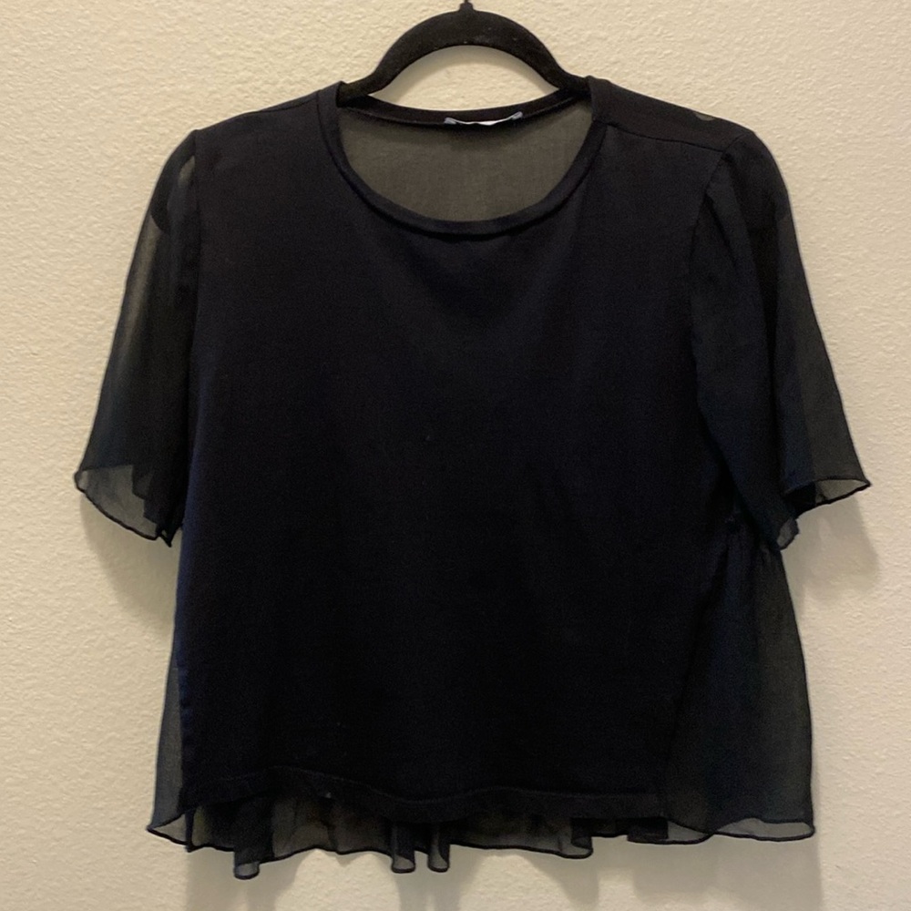 Zara black cropped top with sheer puffed short puffed‎ sleeves and sheer …